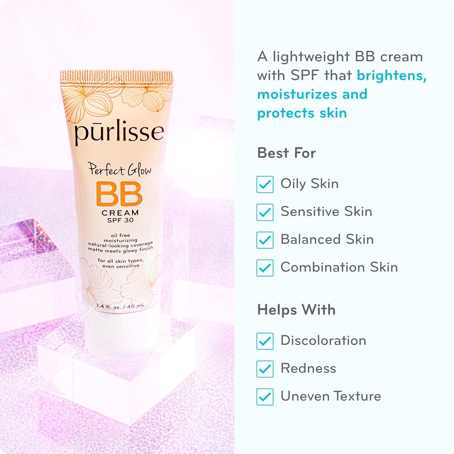 Purlisse Perfect Glow BB Cream SPF 30: Clean & Cruelty-Free, Medium Flawless Coverage, Hydrates with Jasmine | Medium 1.4Oz
